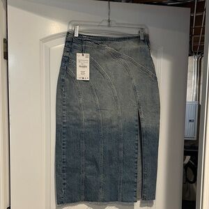 Zara Denim Midi Skirt with Front Slit NWT